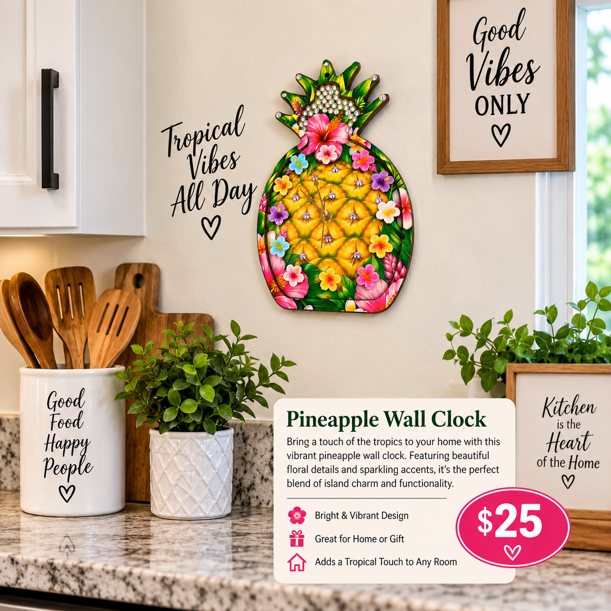 Tropical Pineapple Floral Wall Clock