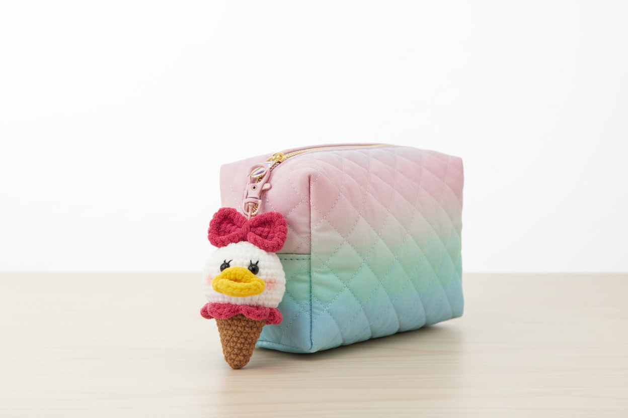 Crochet Duck Ice Cream Cone Keychain – Handmade Plush Charm