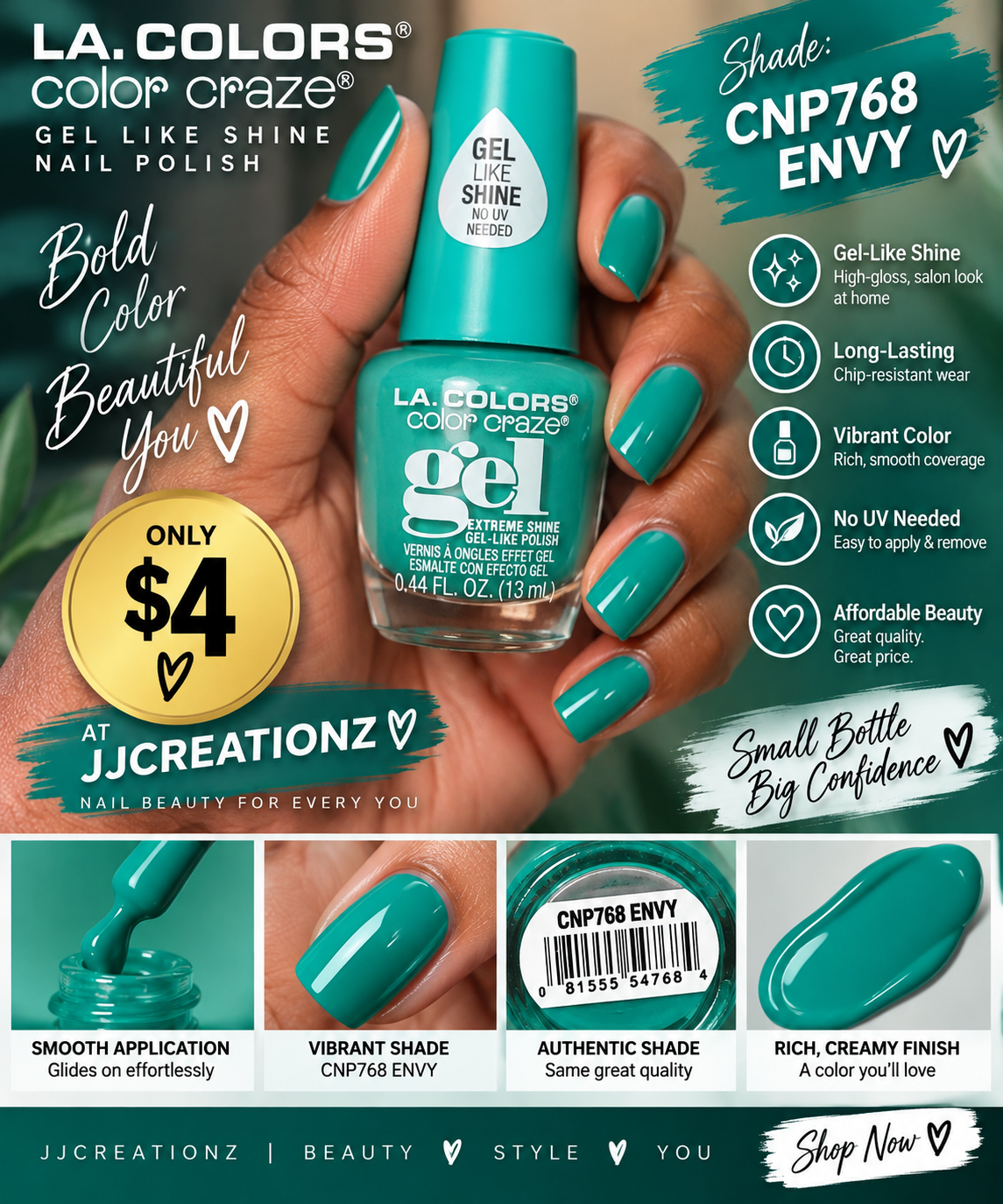 L.A. Colors Color Craze Gel-Like Nail Polish – CNP768 Envy | Vibrant Teal Green