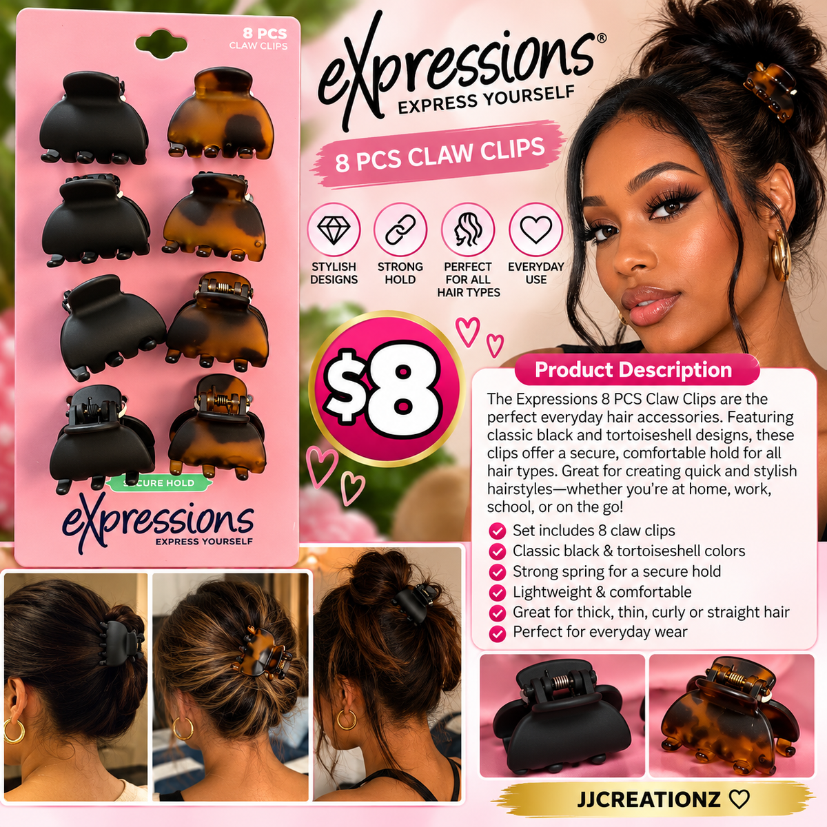 Expressions 8-Piece Hair Claw Clip Set – Black & Tortoiseshell