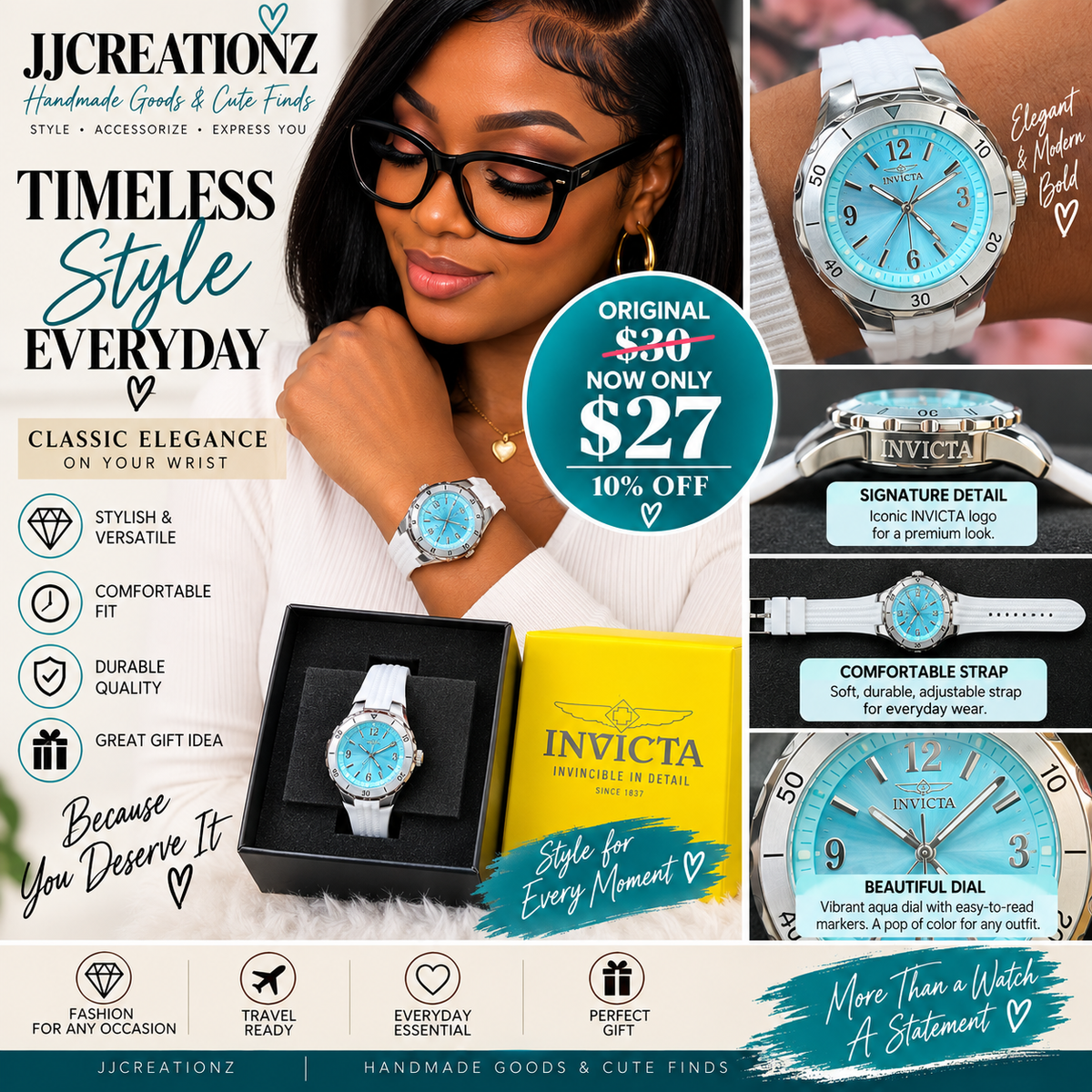 Invicta Aqua Blue & White Women’s Watch – Timeless Everyday Style