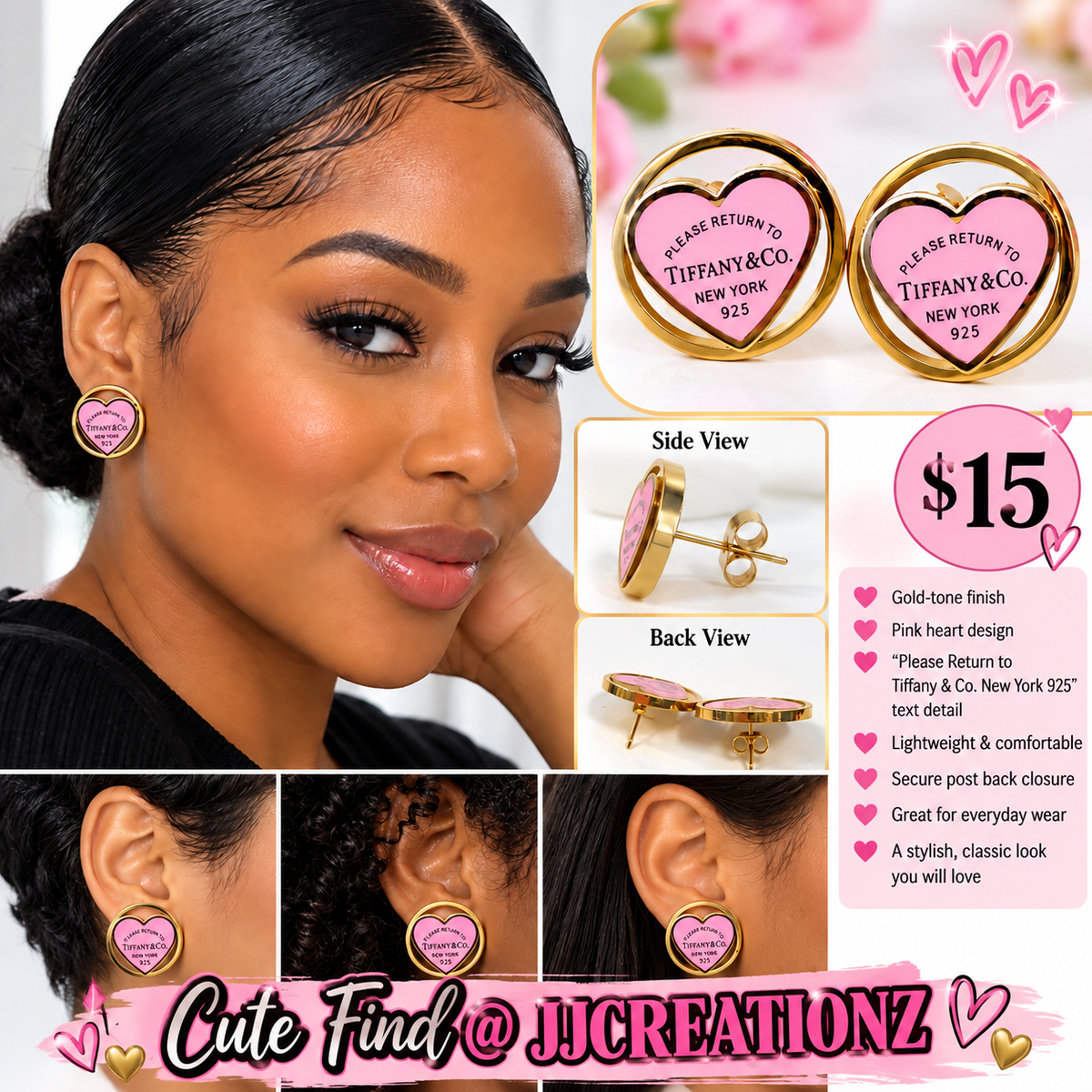 Pink Heart Designer-Inspired Stud Earrings