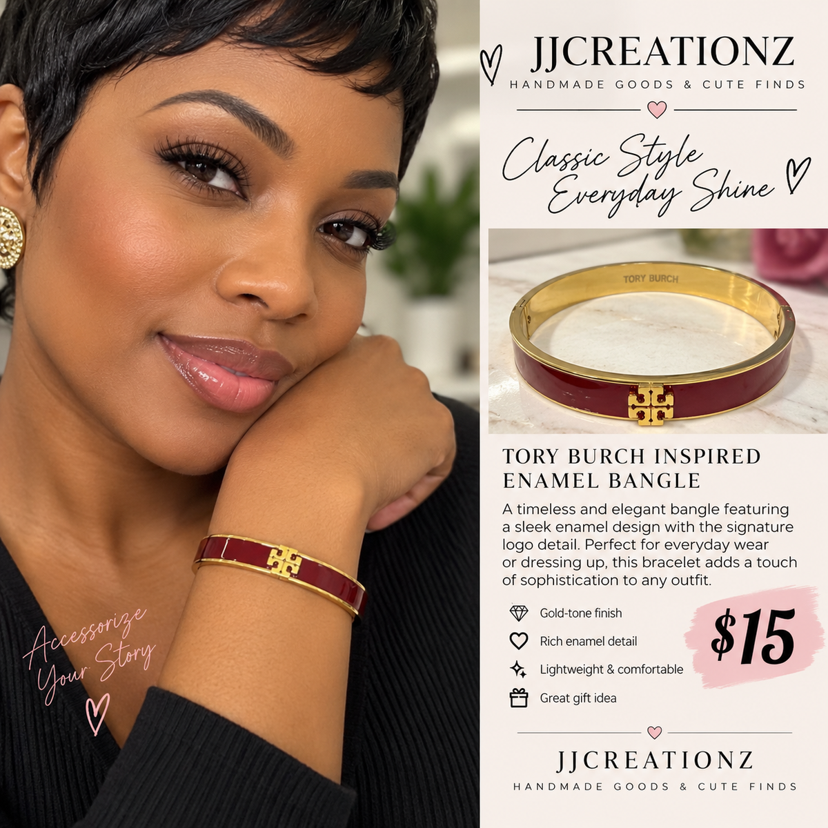 Burgundy Enamel & Gold-Tone Designer-Inspired Bangle