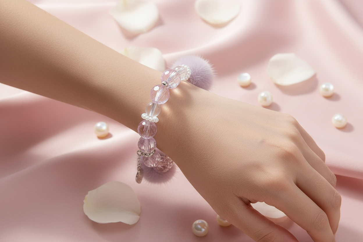 Lavender Crystal Beaded Bracelet – Pom-Pom Charm Stretch Bracelet