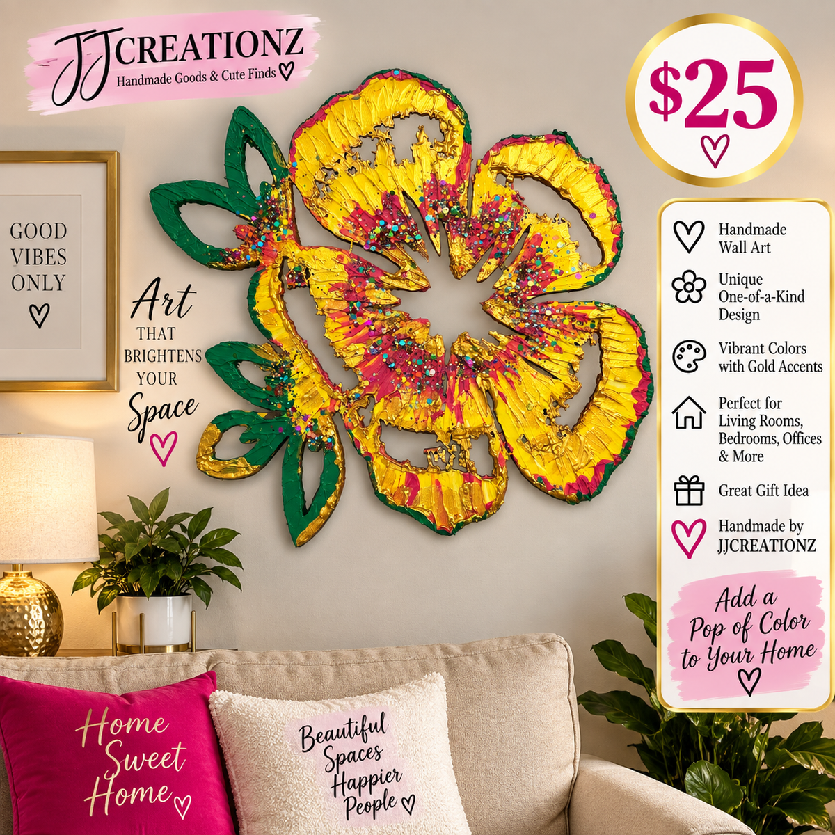 Handmade Tropical Hibiscus Flower Wall Art β Vibrant Yellow, Pink, Green & Gold