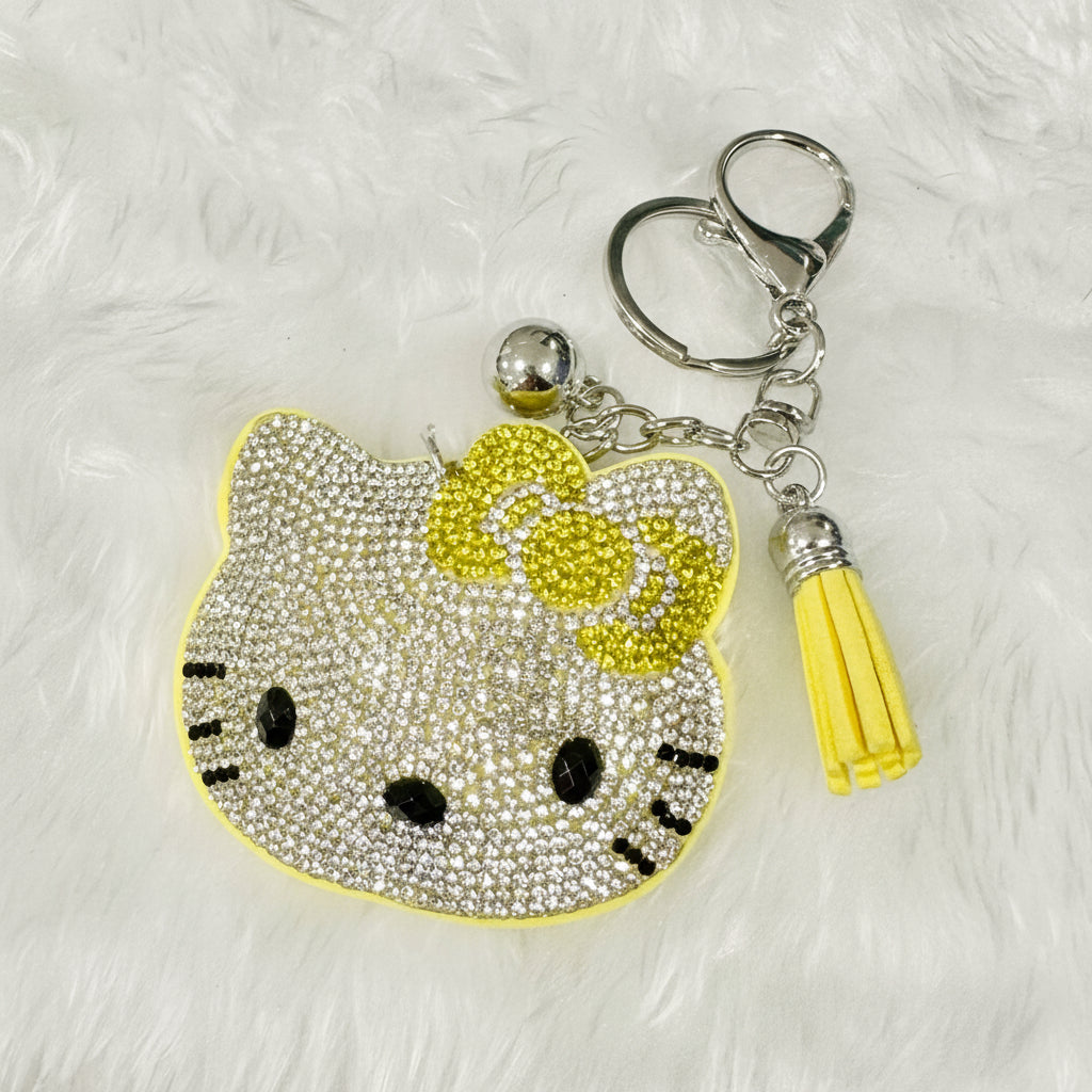 ๐ Large Sparkling Hello Kitty-Inspired Rhinestone Keychain (Yellow Bow)