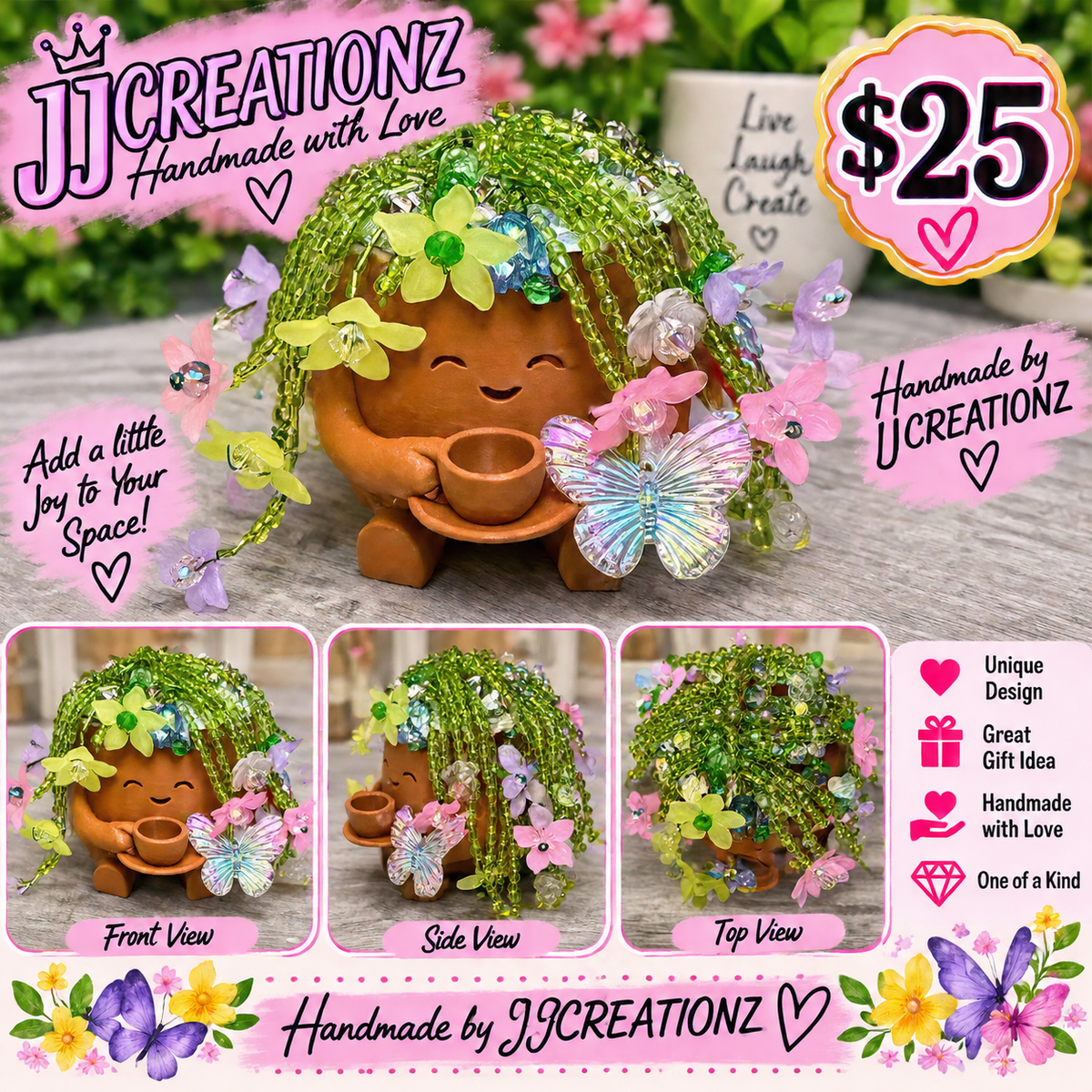 Handmade Whimsical Flower Fairy Figurine with Beaded Hair & Butterfly Accents