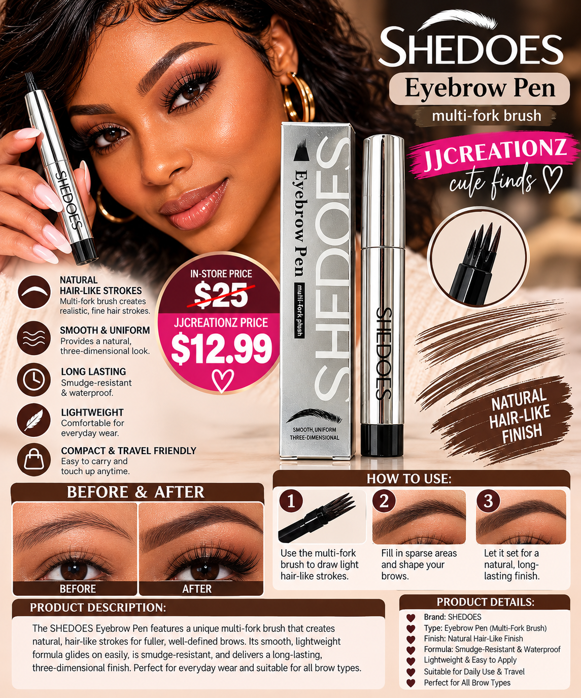 SHEDOES Multi-Fork Eyebrow Pen – Natural Hair-Like Brow Definer