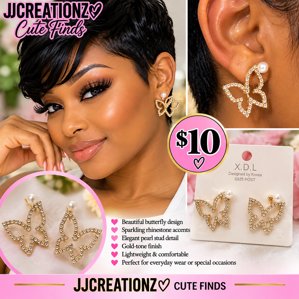 Golden Butterfly Sparkle Earrings with Pearl accent