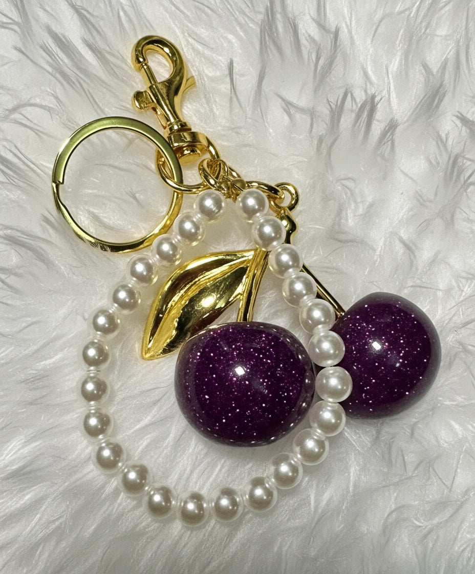 π Elegant Cherry Keychain with Pearl Handle β Gold & Purple Glitter
