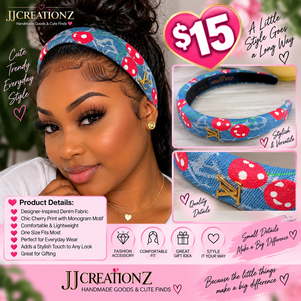 Designer-Inspired Denim Cherry Print Padded Headband – Blue