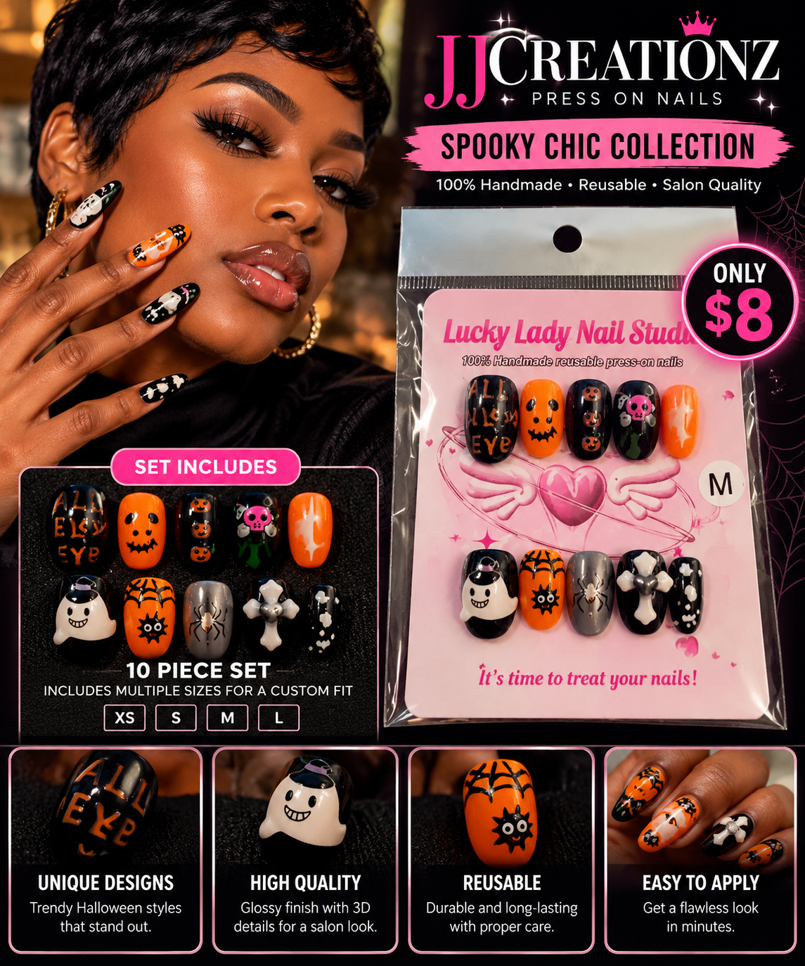 Spooky Chic Halloween Press-On Nails – Handmade 10-Piece Set