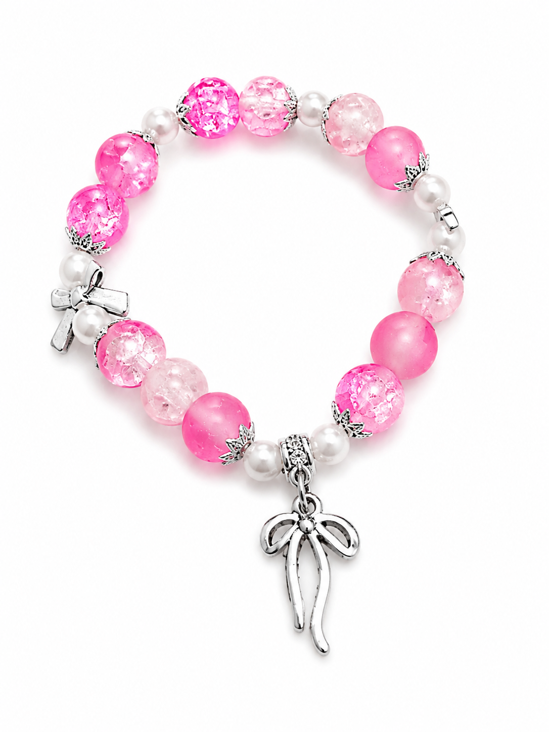 Pink Princess Bow Bracelet – Handmade Beaded Charm Bracelet