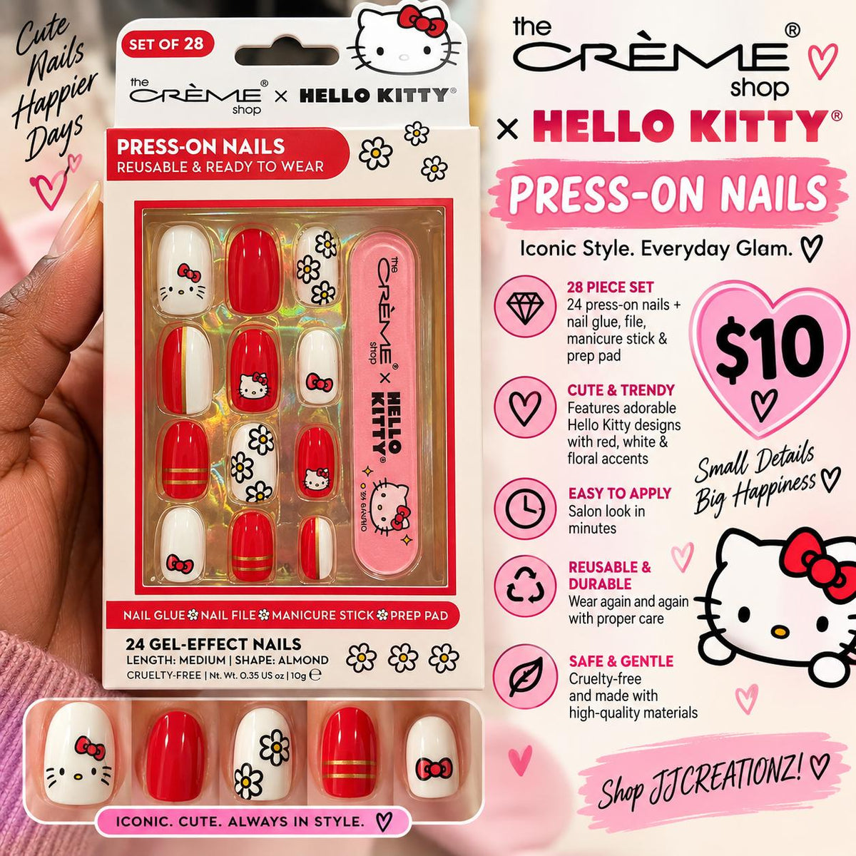 The Crème Shop x Hello Kitty Press-On Nails – Red & White Floral Collection (28-Piece Set)