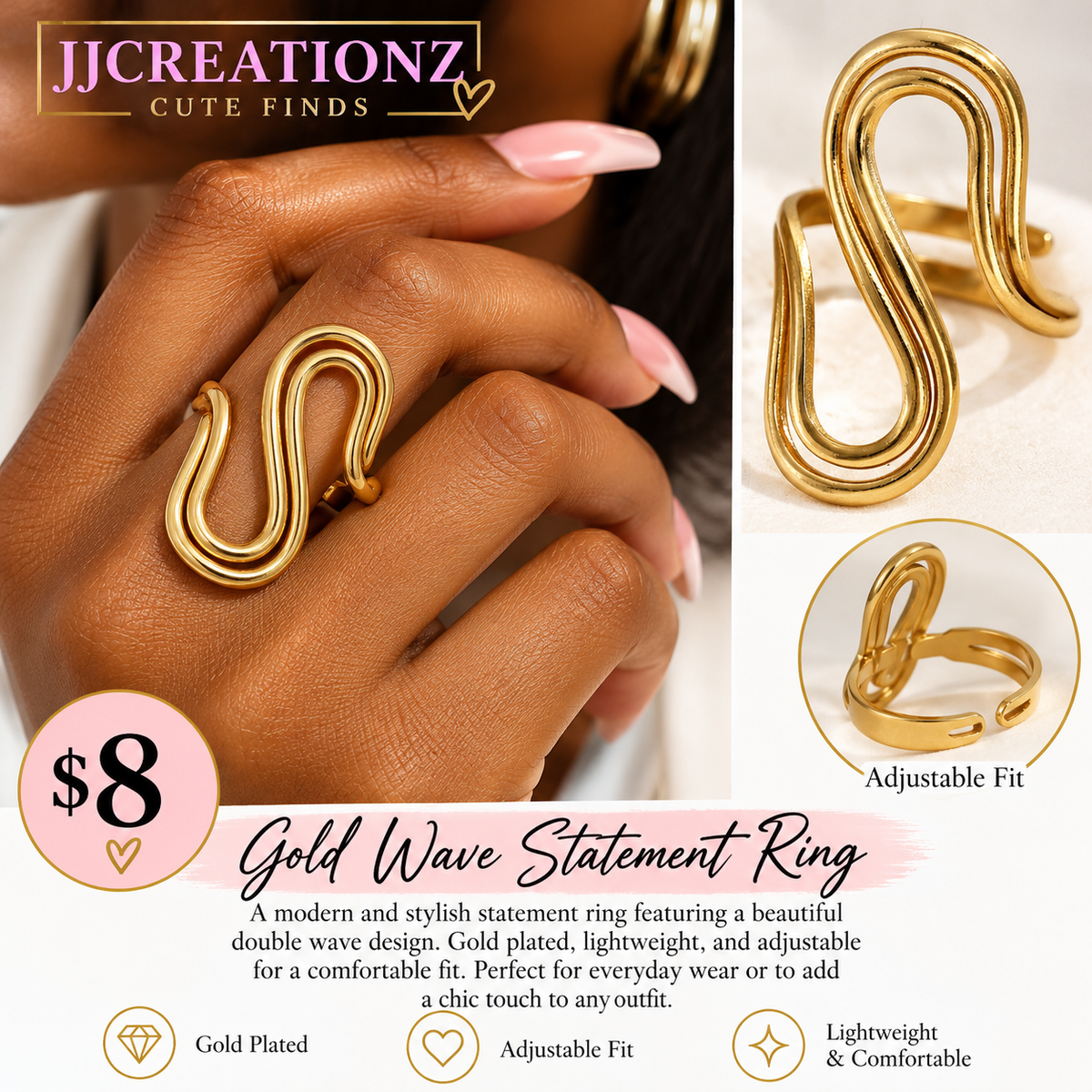 Gold Wave Statement Ring – Gold Plated Adjustable Double Wave Ring | JJCREATIONZ Cute Finds