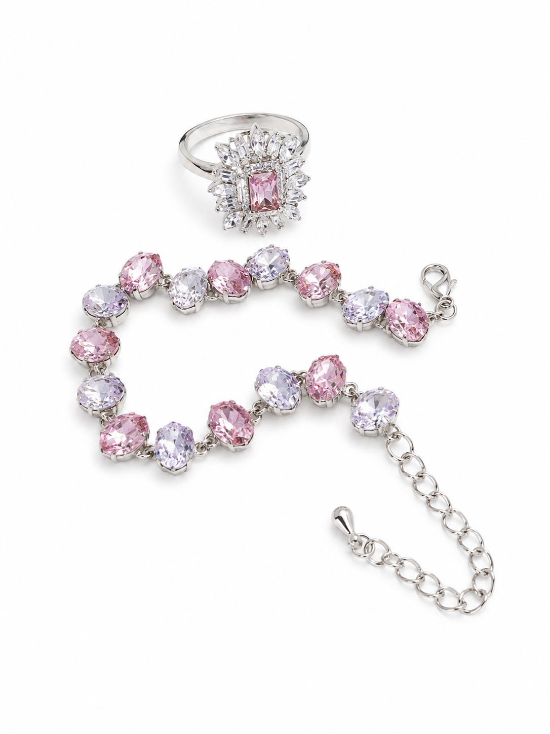 Blush Crystal Elegance Jewelry Set – Pink Gemstone Bracelet & Statement Ring
