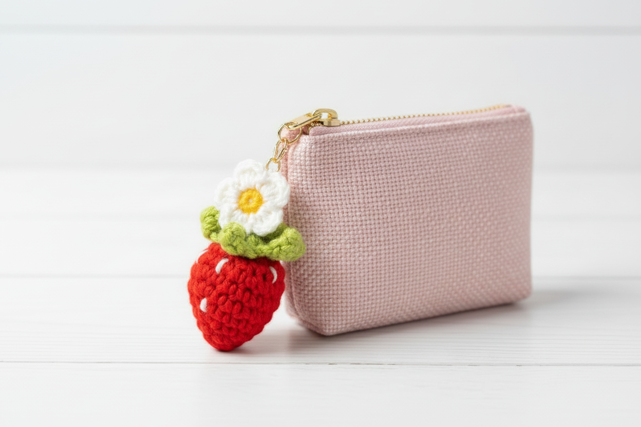 Handmade Crochet Strawberry Flower Keychain – Cute Amigurumi Fruit Charm