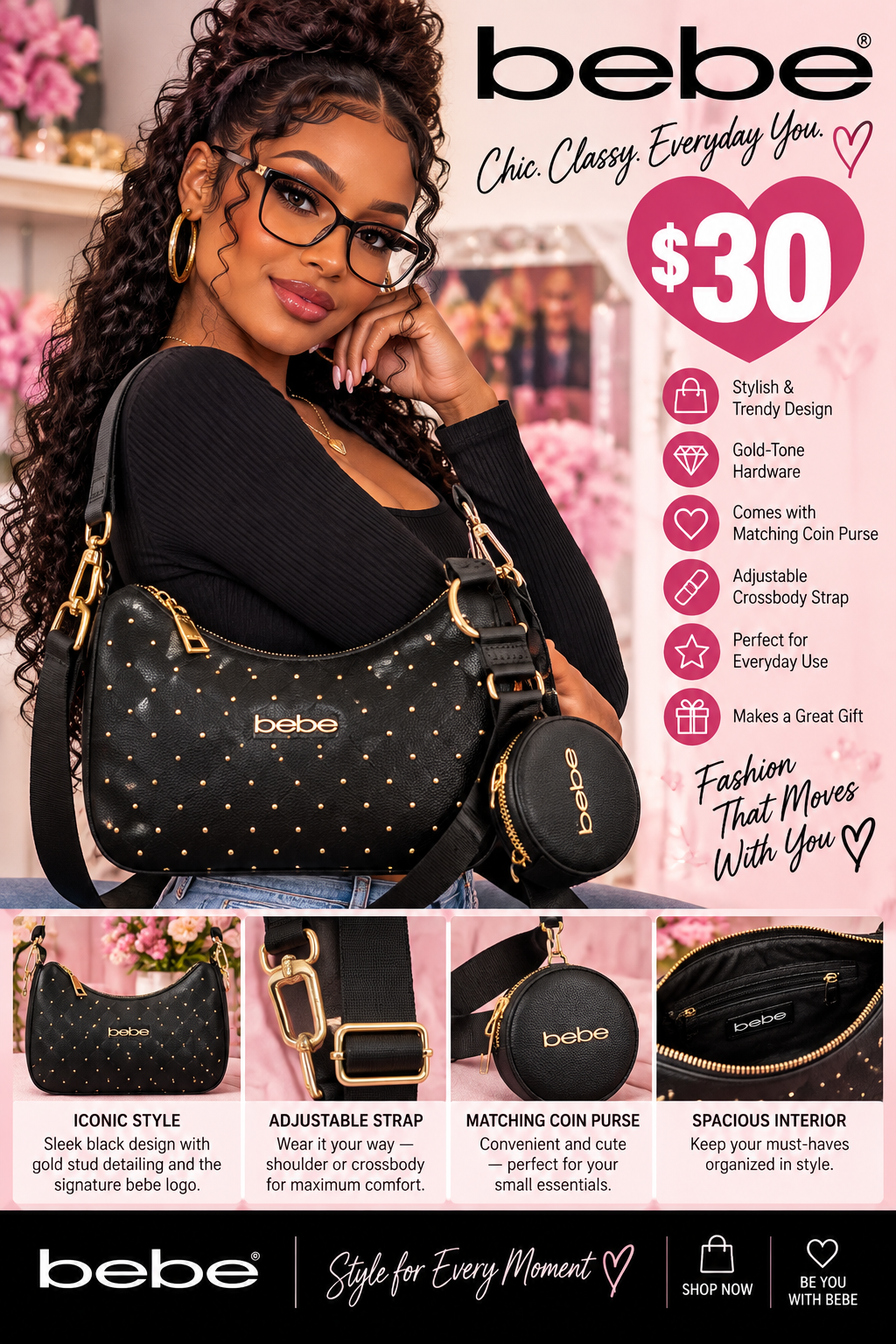 Bebe Black Studded Shoulder Bag with Matching Coin Purse