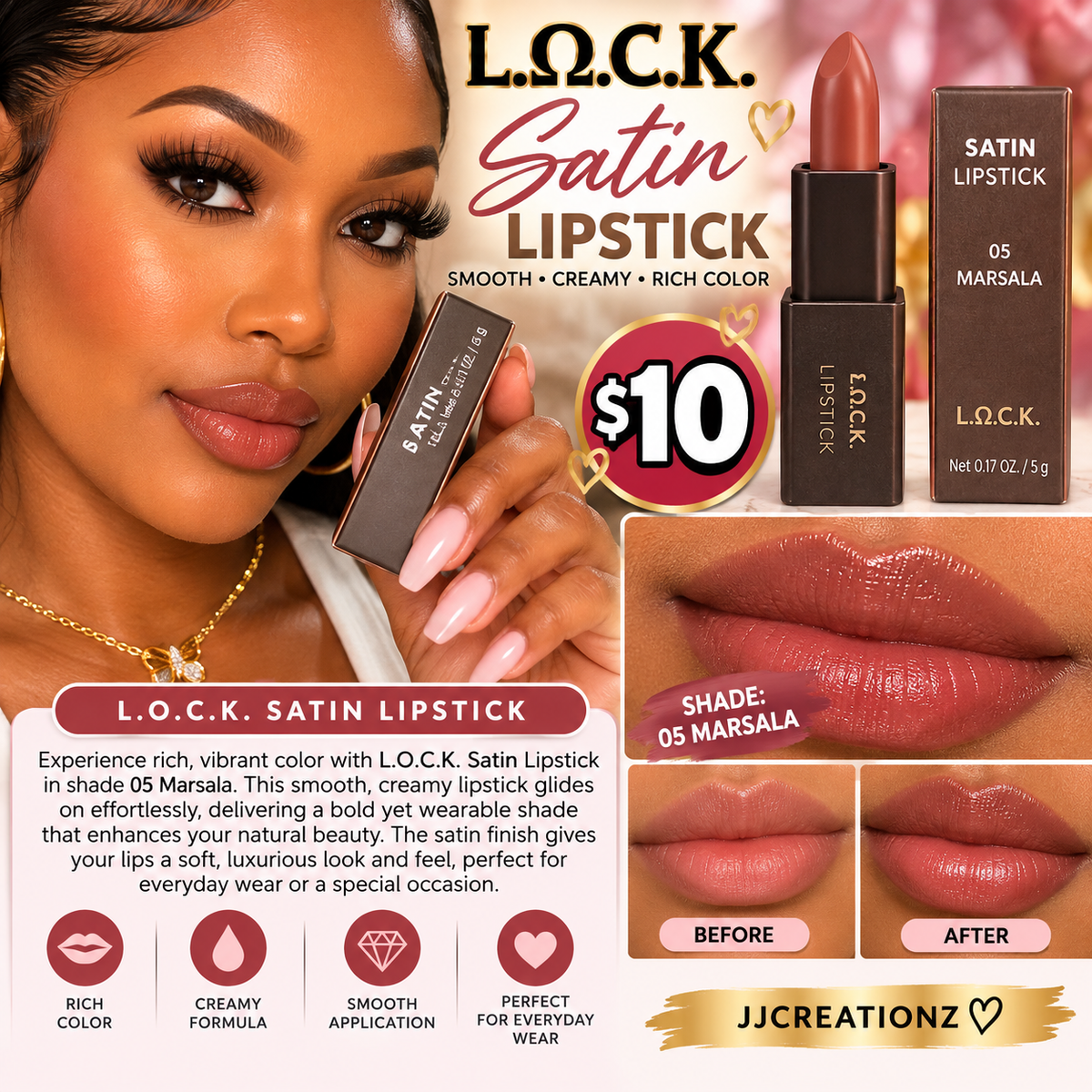 L.O.C.K. Satin Lipstick – Shade 05 Marsala | Creamy Rich Color