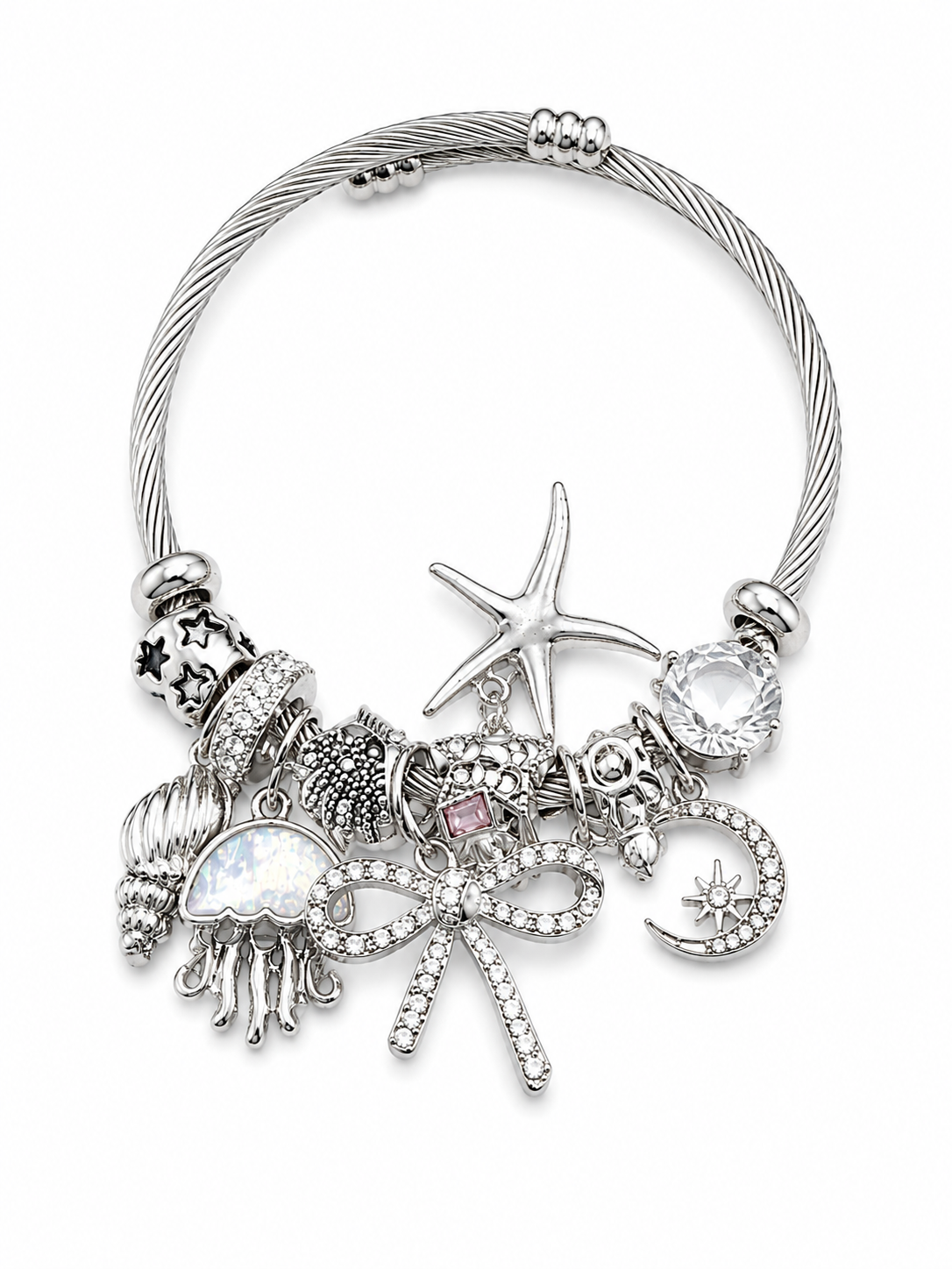 Ocean Dreams Charm Bracelet – Silver Tone Coastal Crystal Bangle
