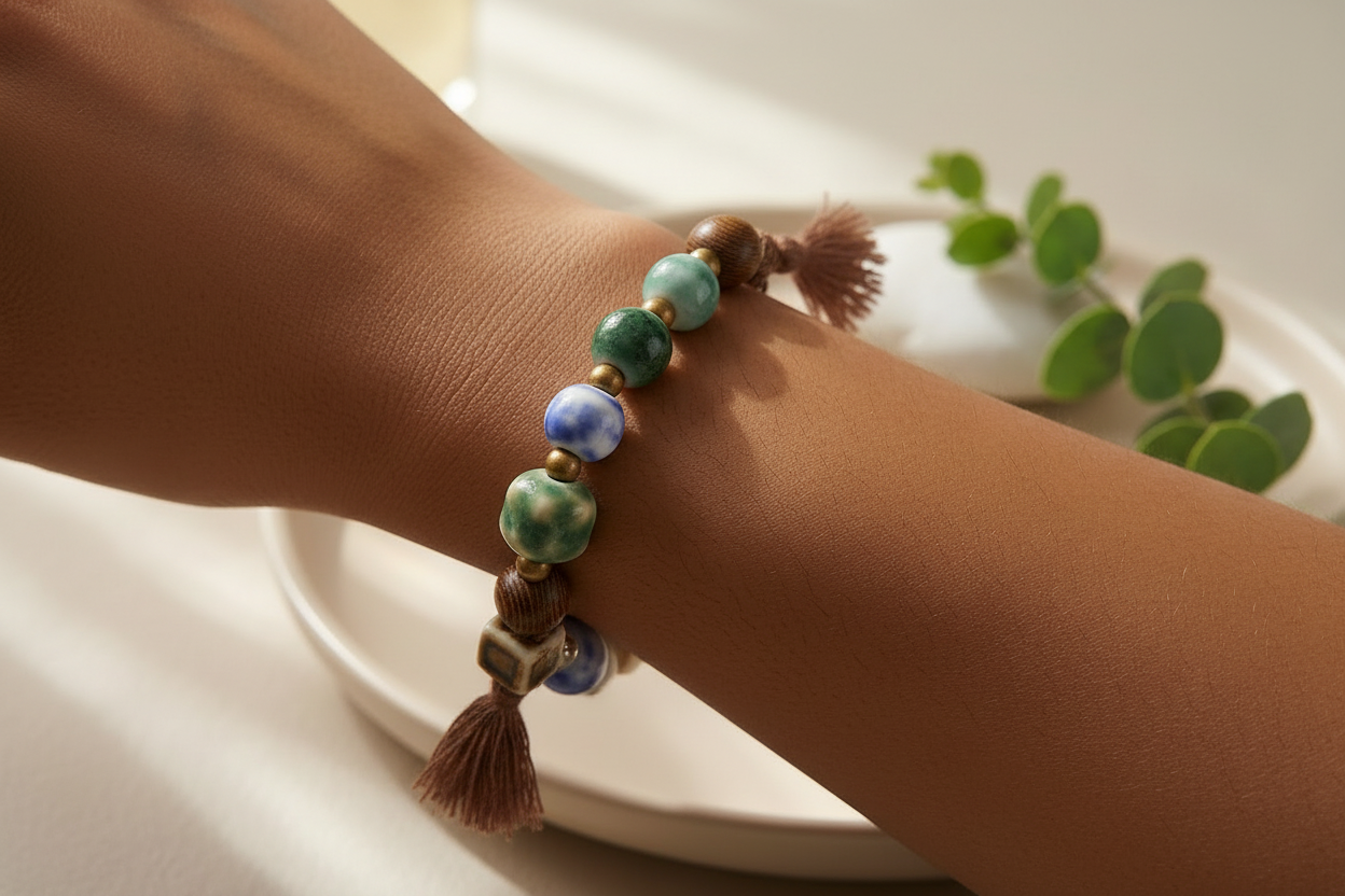 Boho Floral Beaded Bracelet – Ceramic & Wood Bead Stretch Bracelet