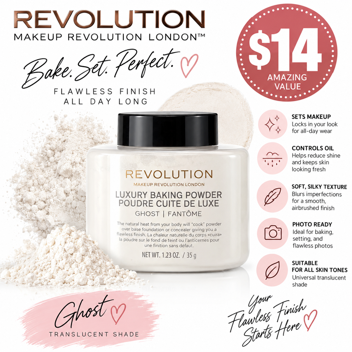 Revolution Luxury Baking Powder – Ghost Translucent Setting Powder, 35g