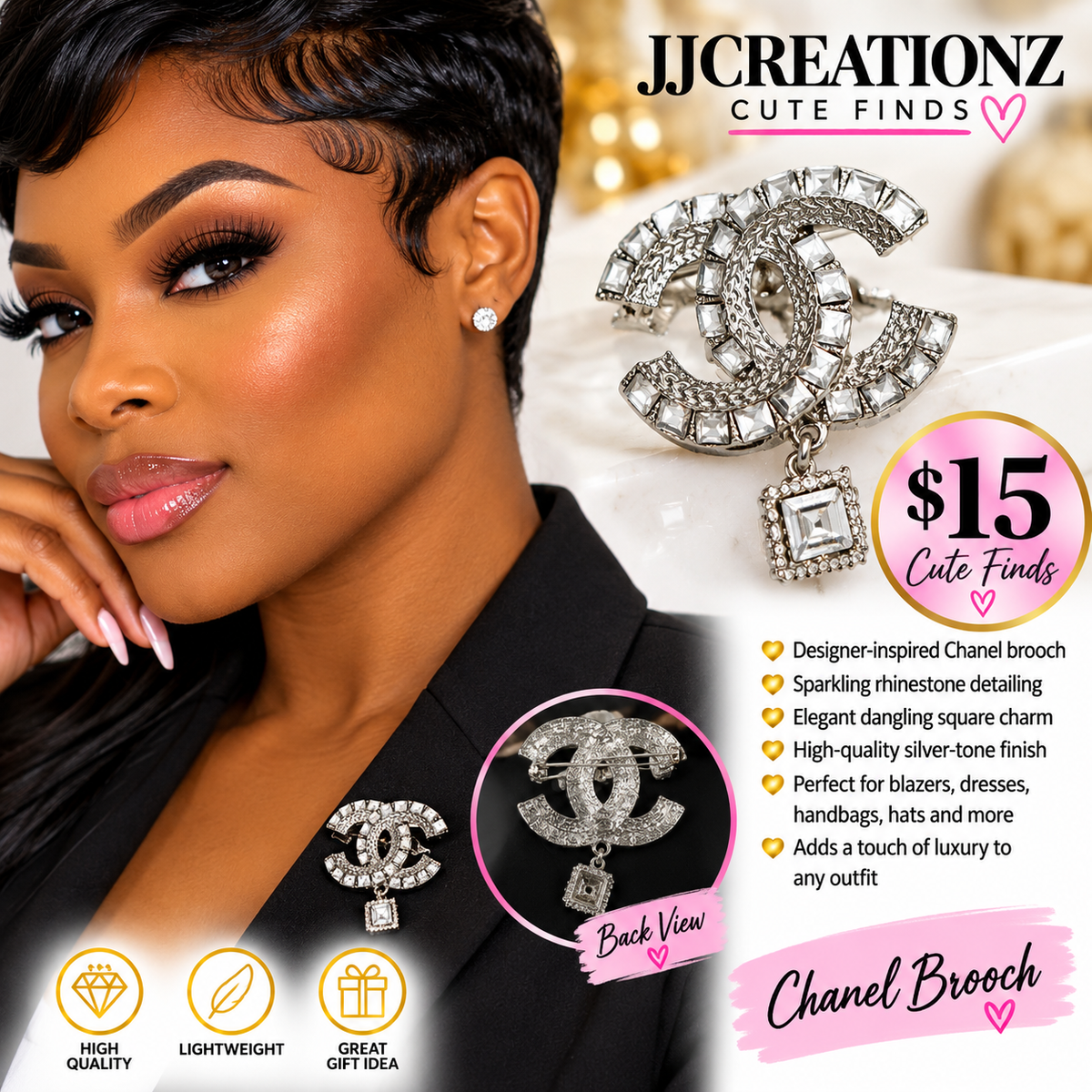 Silver Rhinestone Double-C Designer-Inspired Brooch with Dangling Crystal Charm