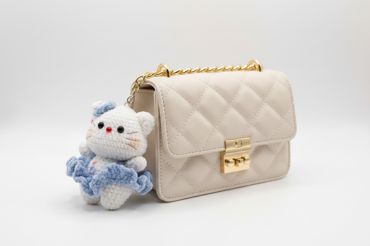 Handmade Crochet Kitty Keychain – Cute Blue Dress Cat Plush Bag Charm