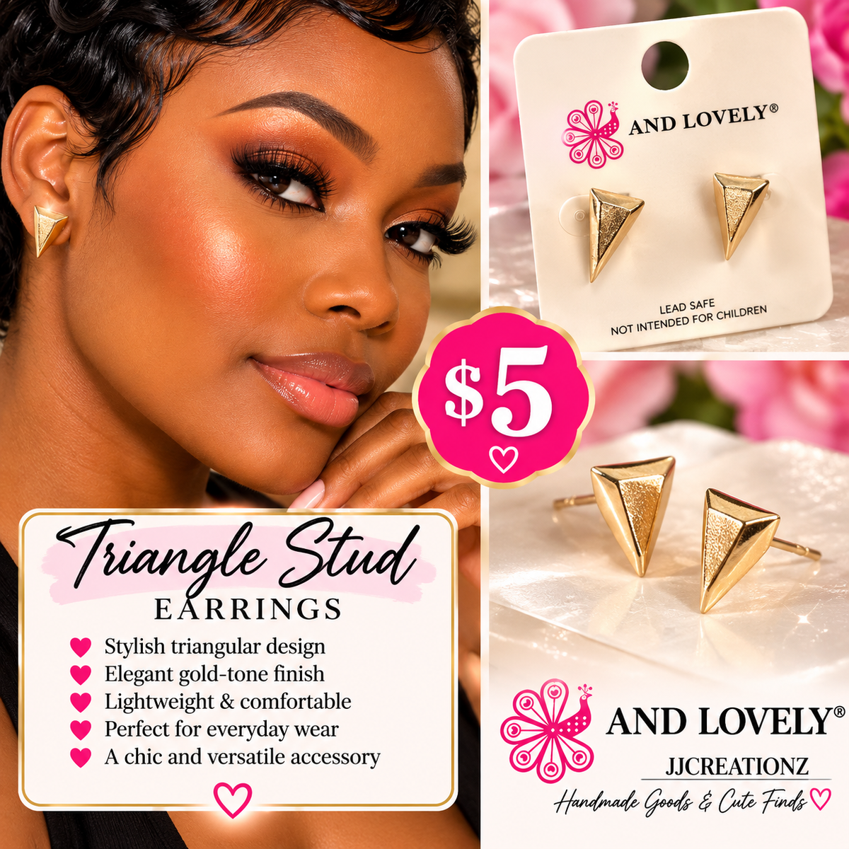 AND LOVELY Gold-Tone Geometric Triangle Stud Earrings