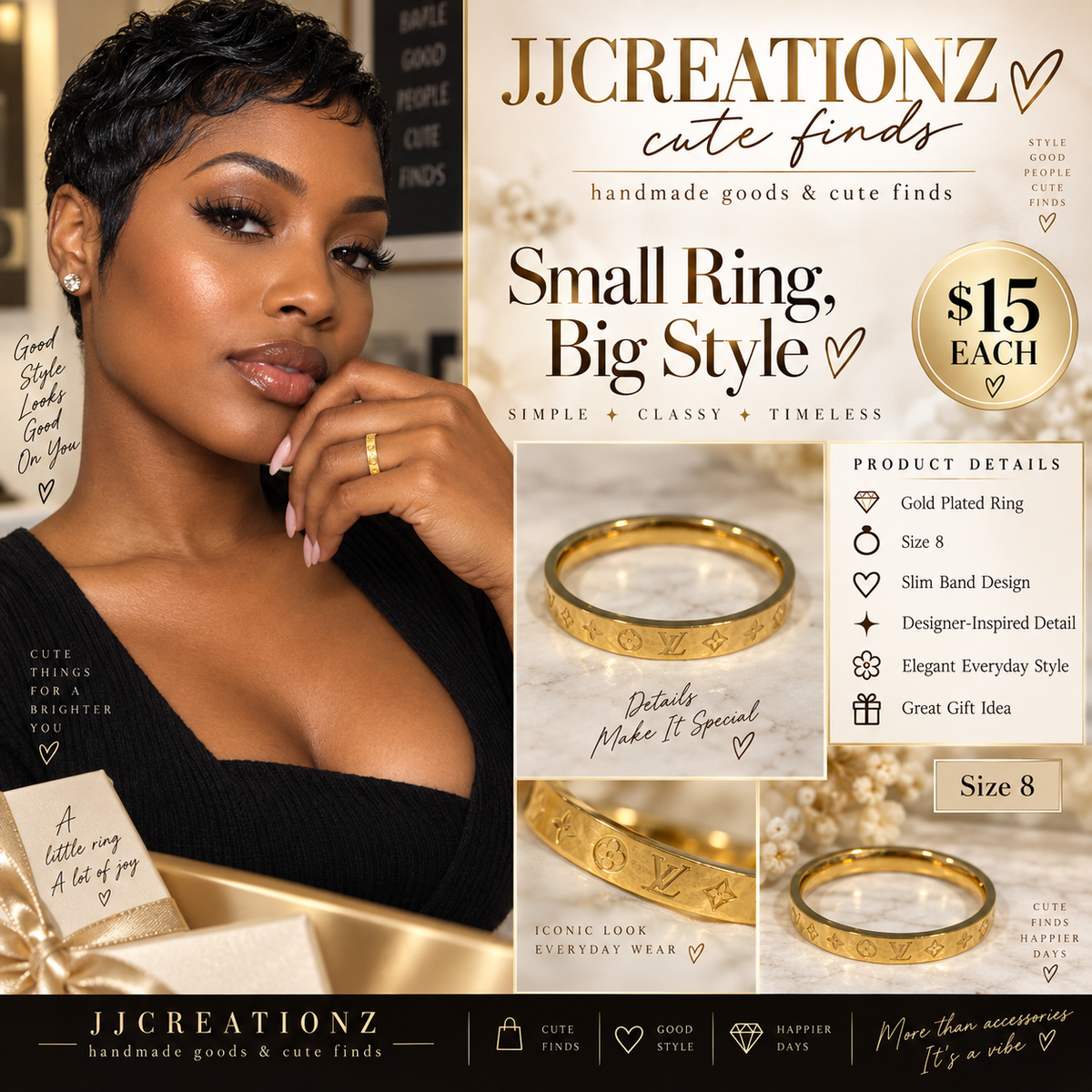 Gold-Plated Designer-Inspired Monogram Ring β Size 8