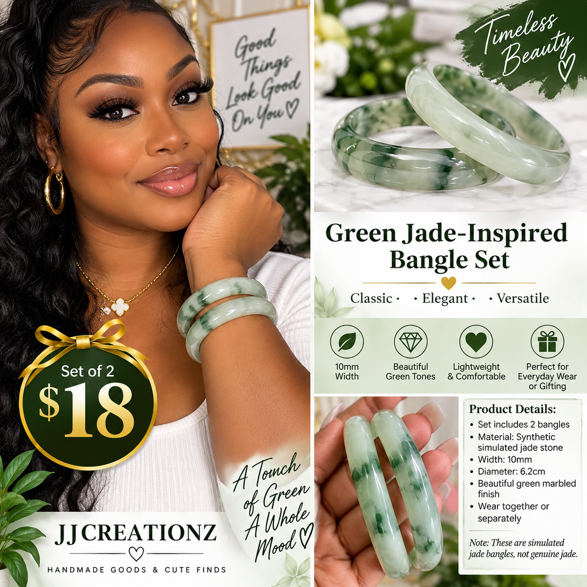 Green Jade-Inspired Marbled Bangle Bracelet Set – Set of 2