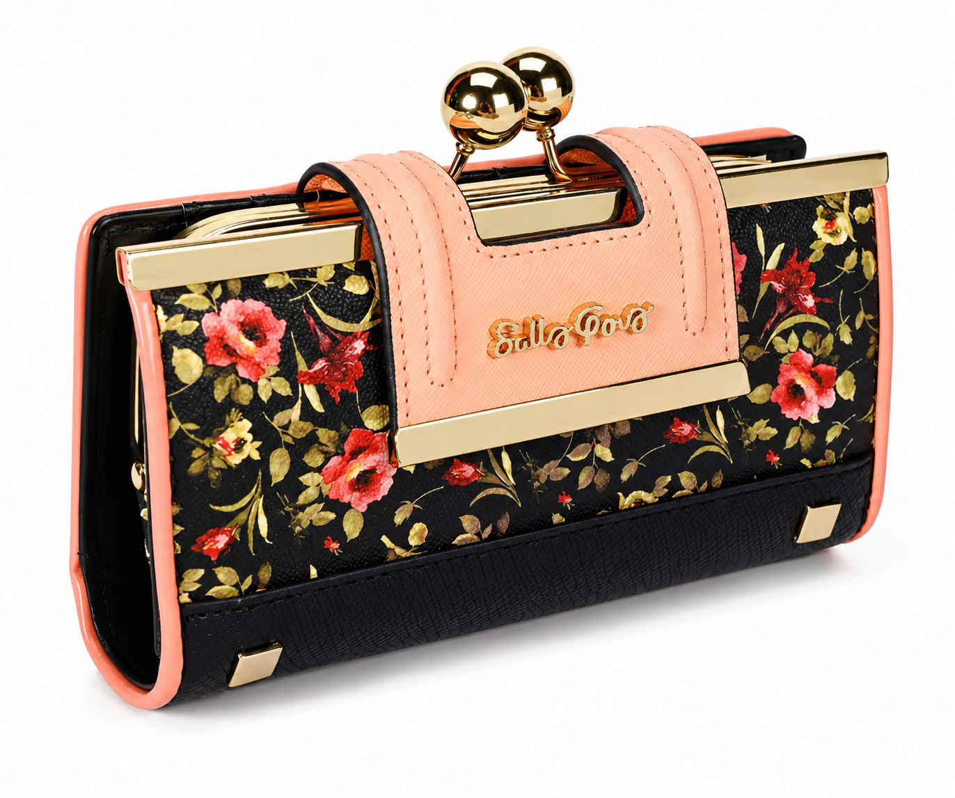 Floral Kiss-Lock Clutch Wallet – Black & Blush Pink