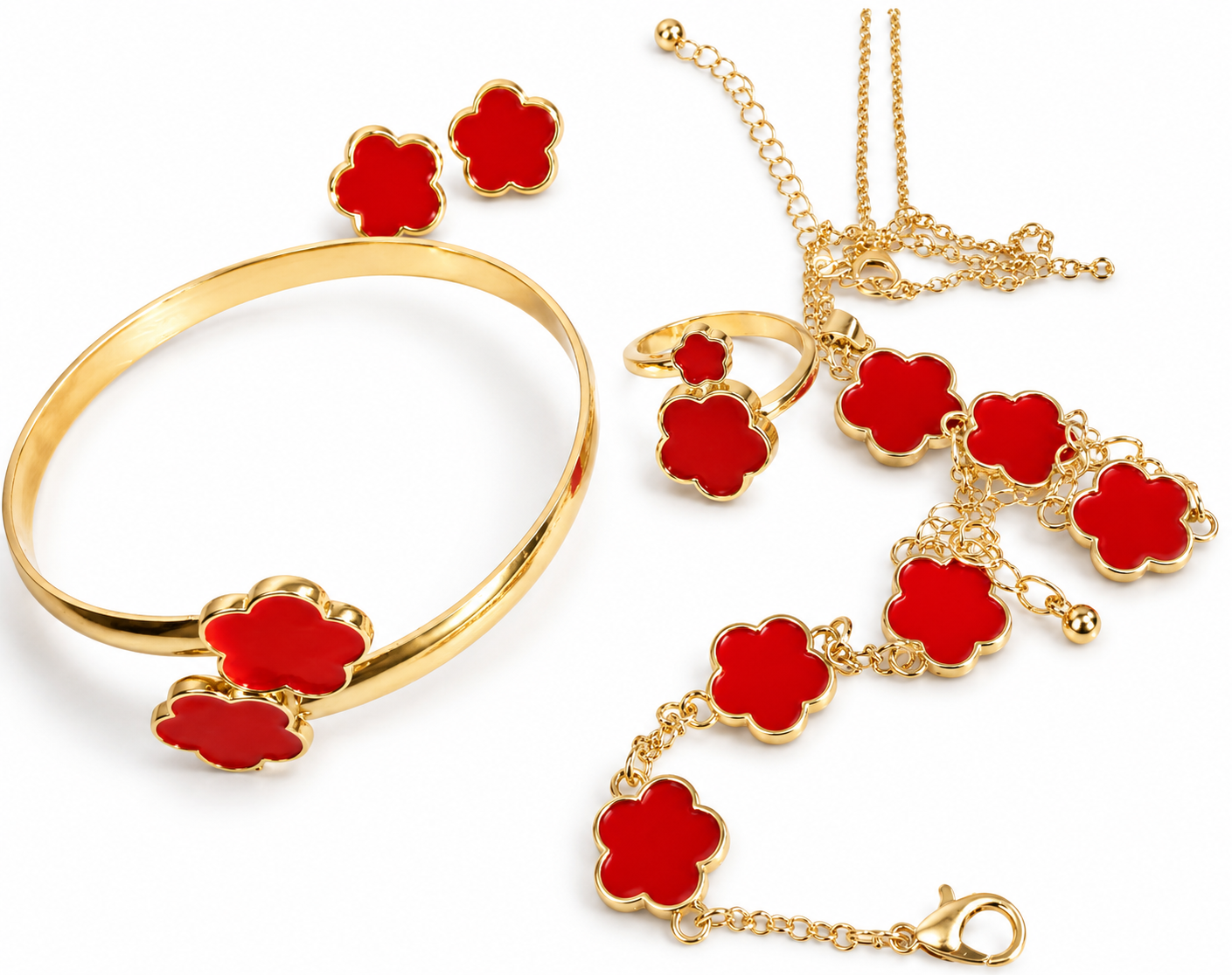 Ruby Red Clover Luxe Jewelry Set – 5 Piece Collection