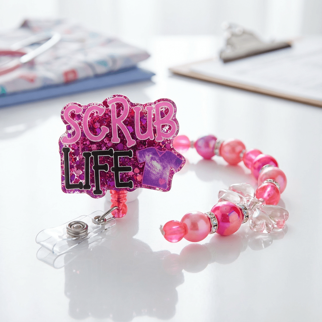 💜 Scrub Life Badge Reel with Beaded Charm – Nurse ID Holder 💜