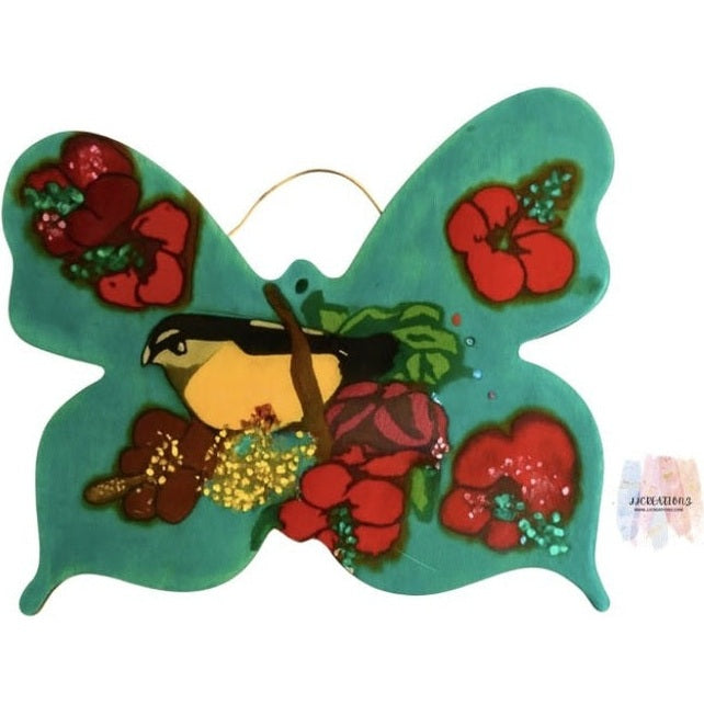 🦋 Handmade Butterfly Resin Art with yellow Bird & Hibiscus Flowers