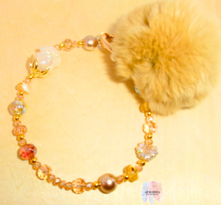 Golden Neutral Beaded Charm with Fluffy Pom – Phone / Bag Accessory