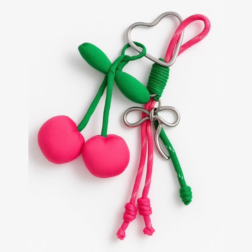 🍒 Plush Cherry Keychain with Rope Tassels – Handmade Fruit Bag Charm