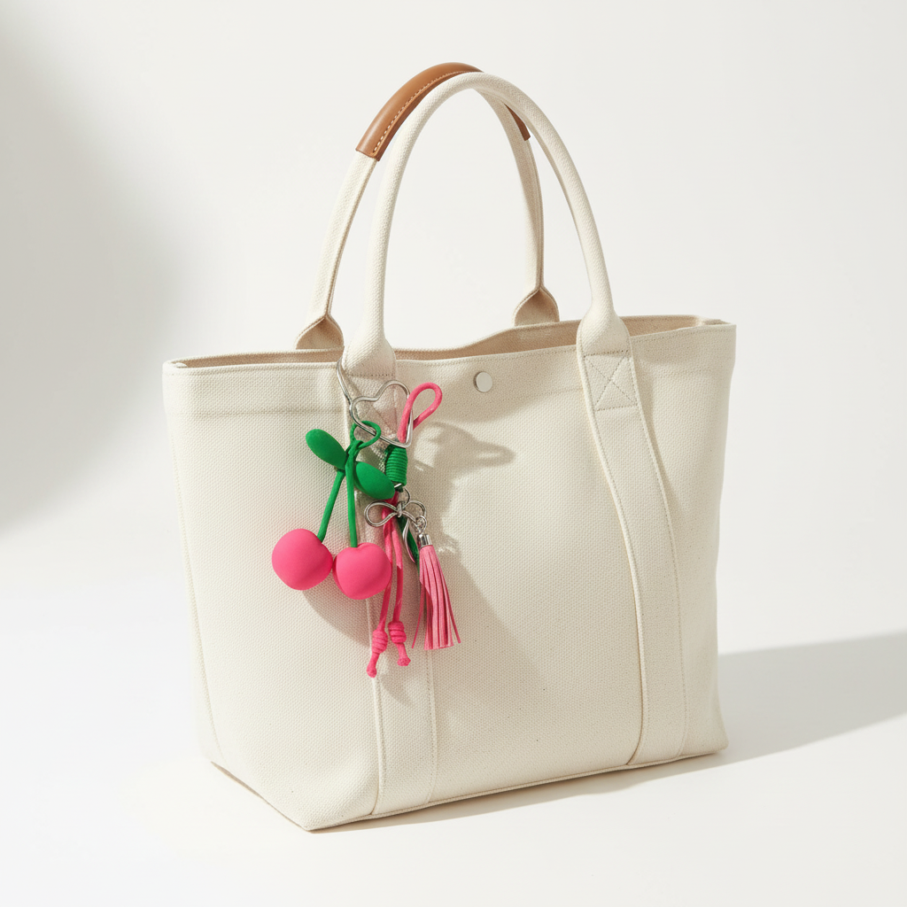 🍒 Plush Cherry Keychain with Rope Tassels – Handmade Fruit Bag Charm