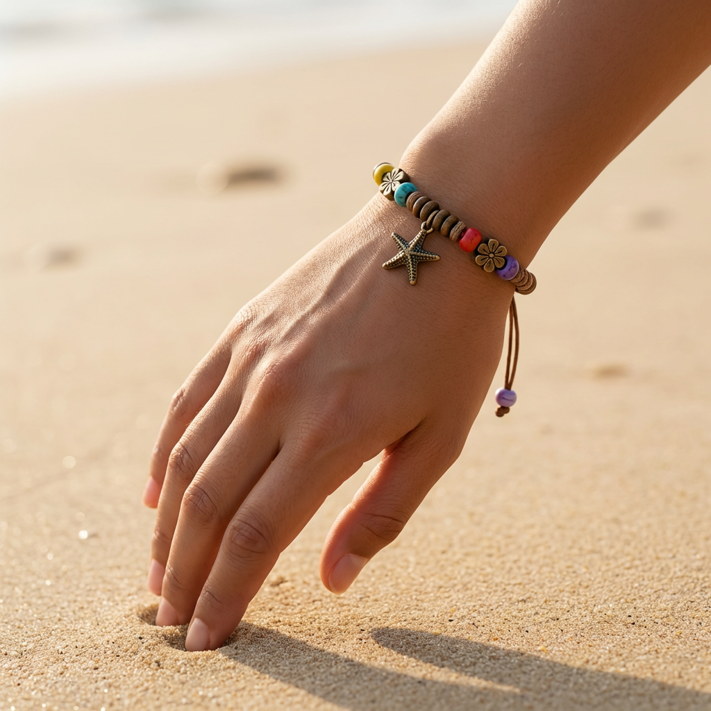 Boho Adjustable Charm Bracelet – Starfish & Floral Beaded Bracelet