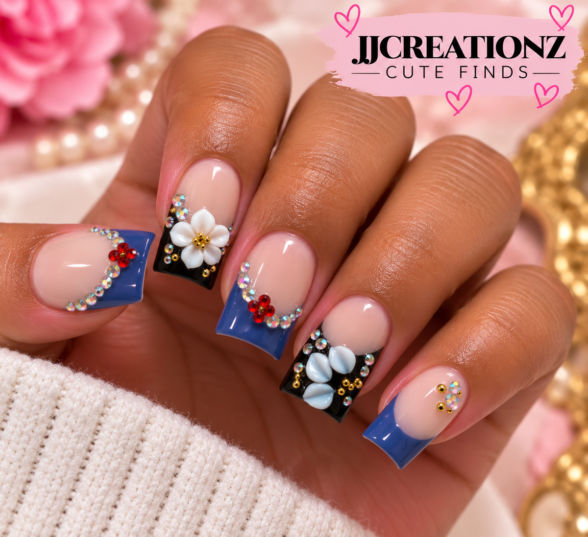 Midnight Blue Blossom Glam Press-On Nails – Medium