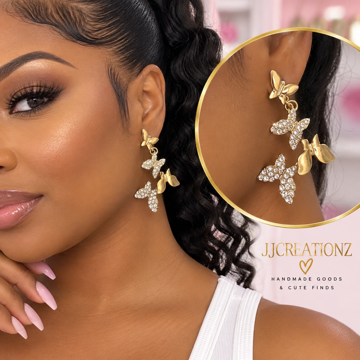 Golden Butterfly & Crystal Dangle Earrings