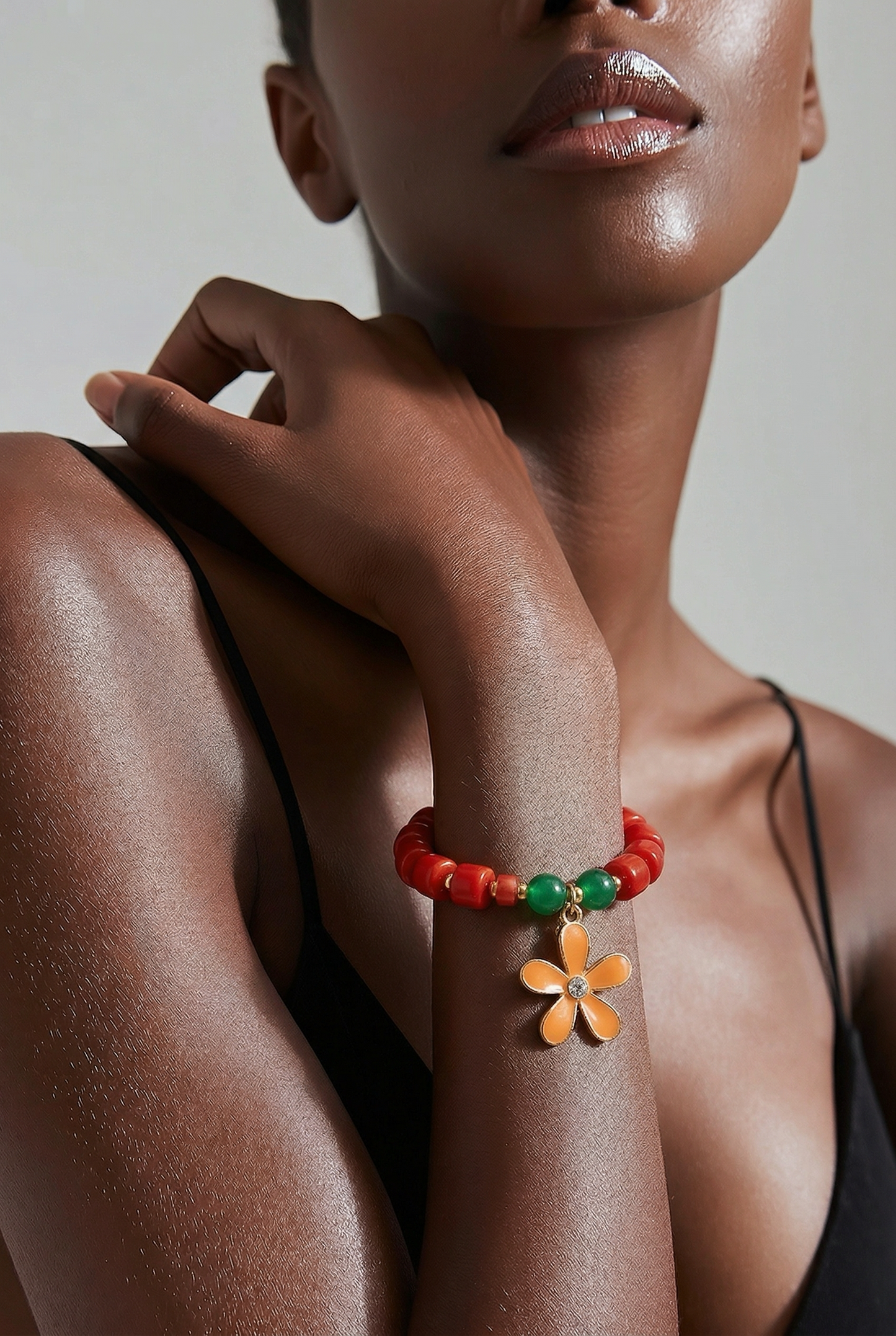 Red Beaded Flower Charm Bracelet – Handmade Statement Jewelry