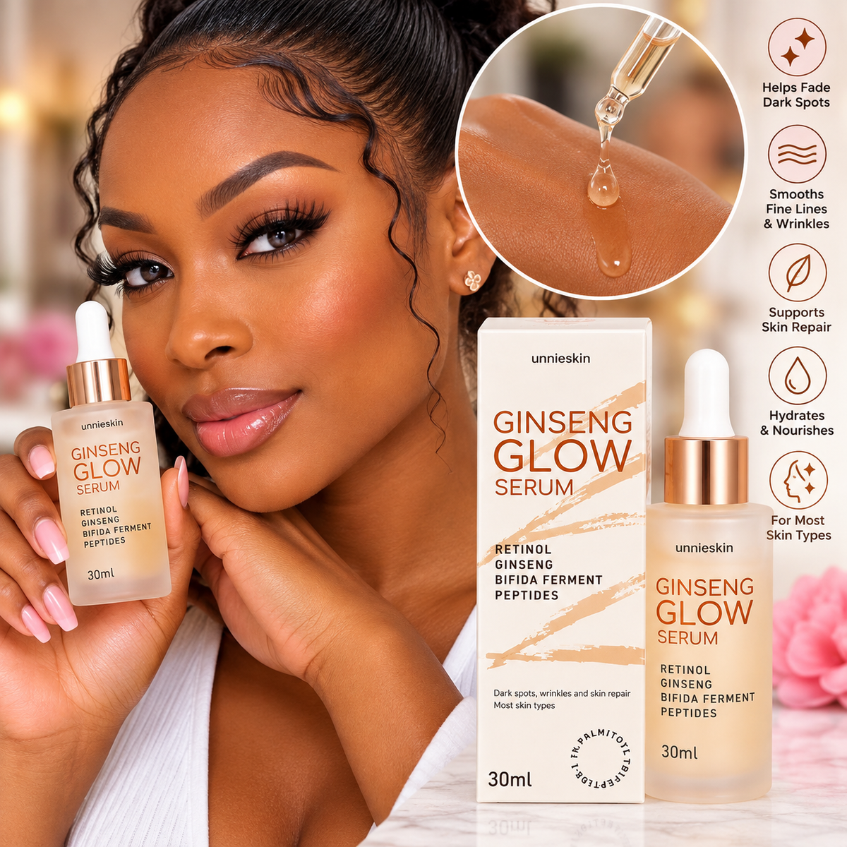 Unnieskin Ginseng Glow Serum – Retinol, Ginseng & Peptides (30ml)