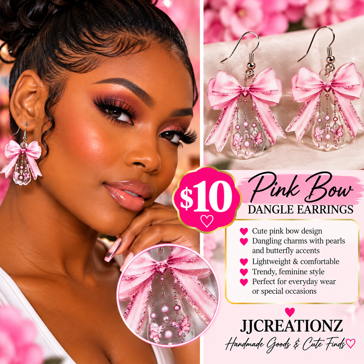 Pretty Pink Bow Dangle Earrings – Butterfly & Pearl Accents