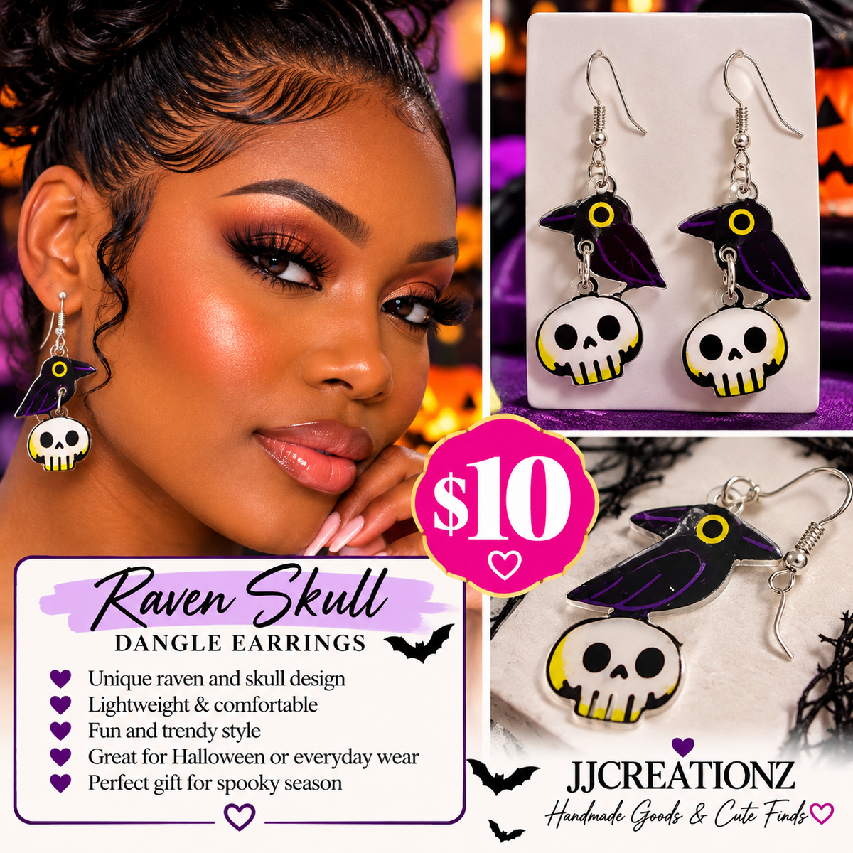 Spooky Raven & Skull Dangle Earrings – Halloween Cute Finds