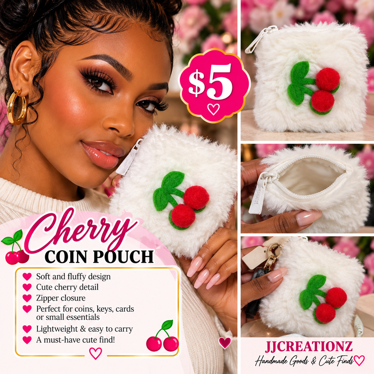 Fluffy White Cherry Coin Pouch – Cute Mini Zipper Purse