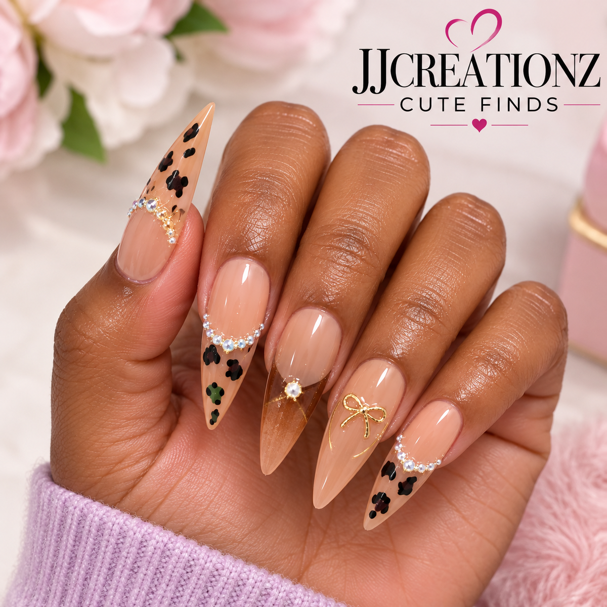 Luxe Leopard & Gold Bow Stiletto Press-On Nails | JJCREATIONZ Cute Finds