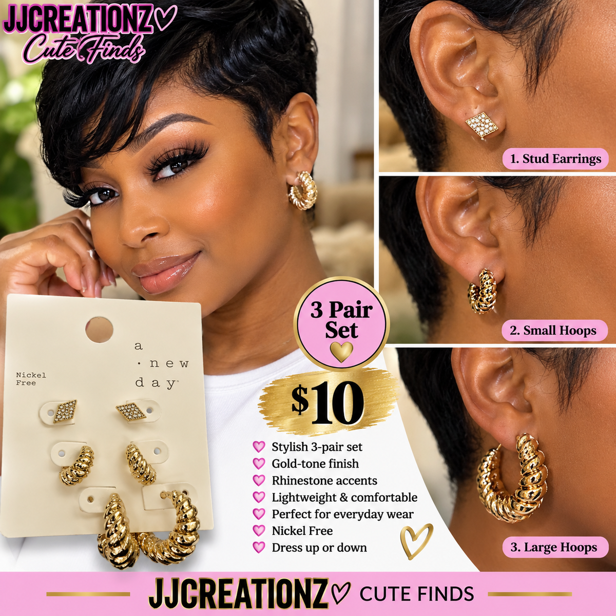 Golden Twist Glam 3-Pair Earring Set – Nickel Free