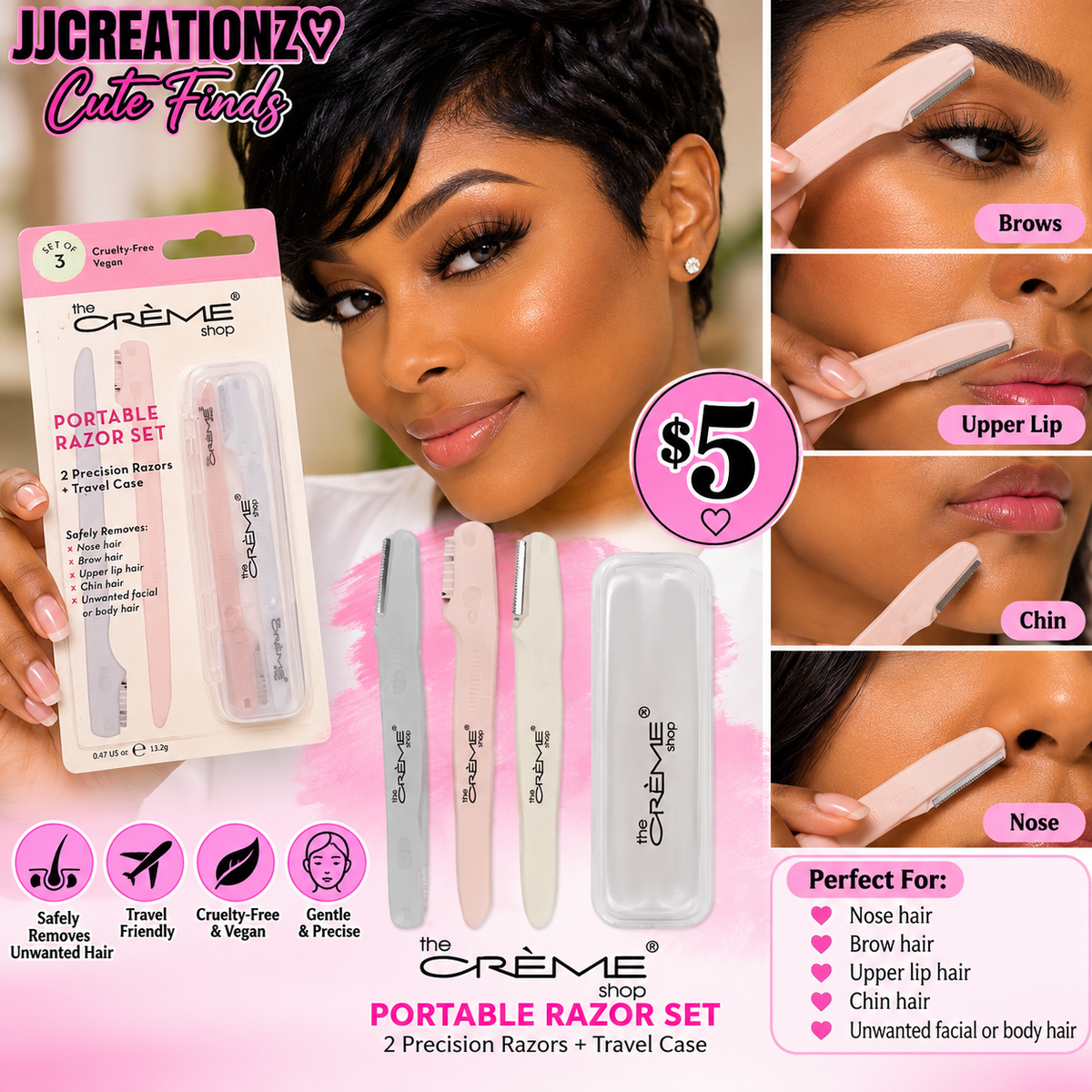 The Crème Shop Portable Precision Razor Set – 2 Facial Razors + Travel Case | Cruelty-Free & Vegan