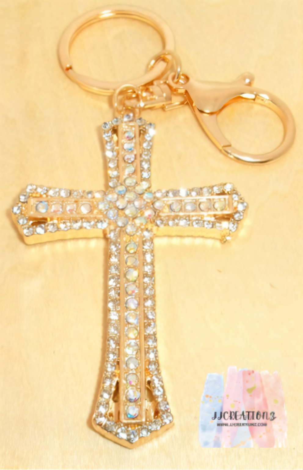 ✨ Gold Cross Keychain with Rhinestones – Religious Bag Charm & Key Holder ✨